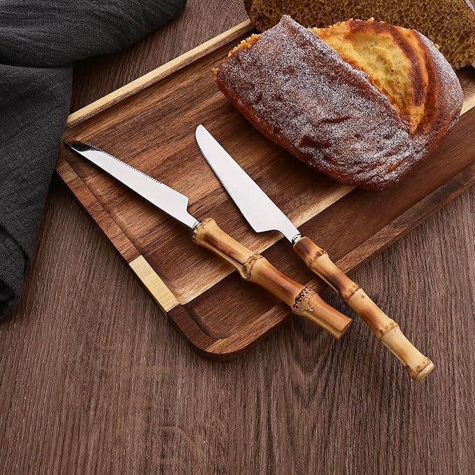 Dinner Knife Set with Bamboo Handle, 8-Piece Stainless Steel Shiny Silver Dinner Knives, Creative Design Table Knives for Home Restaurant, 8.74 inch, Handcrafted