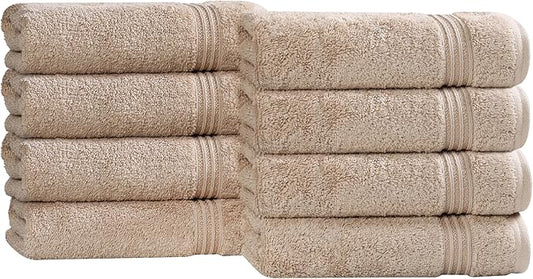 Superior Egyptian Cotton 8-Piece Hand Towel Set, Towel Basics For Quick Dry, Absorbent Small Towels, Facial, Spa, Kitchen, Bathroom Essentials, Apartment, Guest Bath, Soft, Washcloth, Taupe
