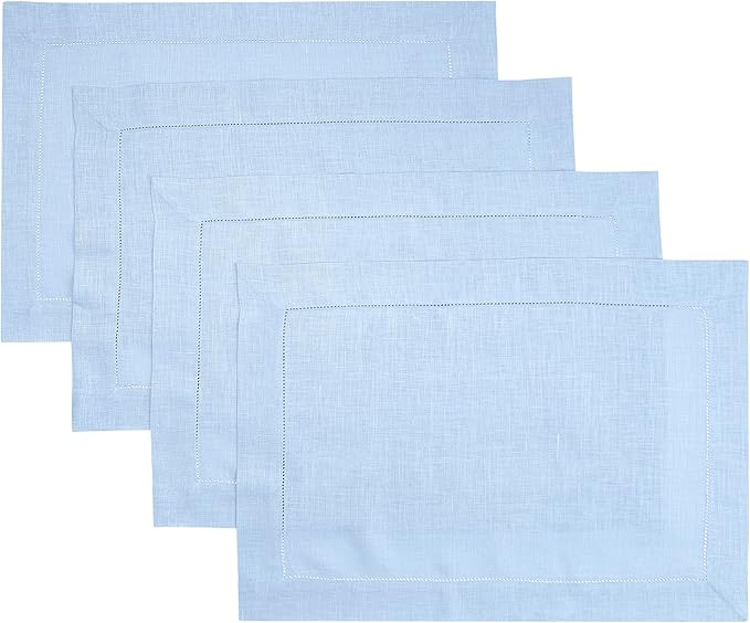 D'Moksha Homes Powder Blue Linen Cloth Placemats Set of 4-100% Pure Linen Hemstitch Placemats 14 x 19 Inch - Classic Hemstitch Table Place Mats for Christmas - Handcrafted and Machine Washable