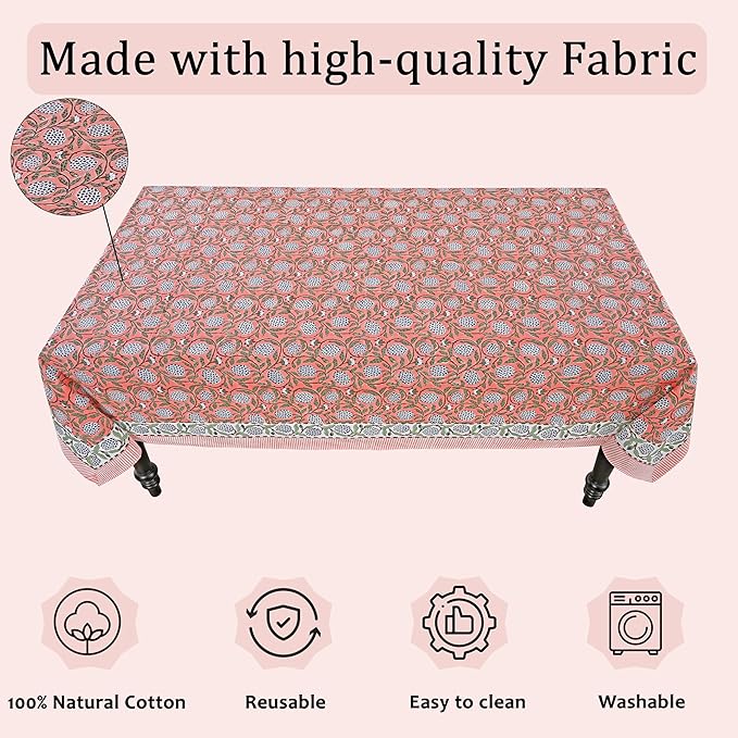 Ridhi Dark Salmon Pink Hand Block Print Cotton Rectangle Tablecloth 108" x 70" inches Reusable Table Cover Decorative Everyday Use for Dining, Farmhouse, Home, Party, Festive, Wedding, Fall