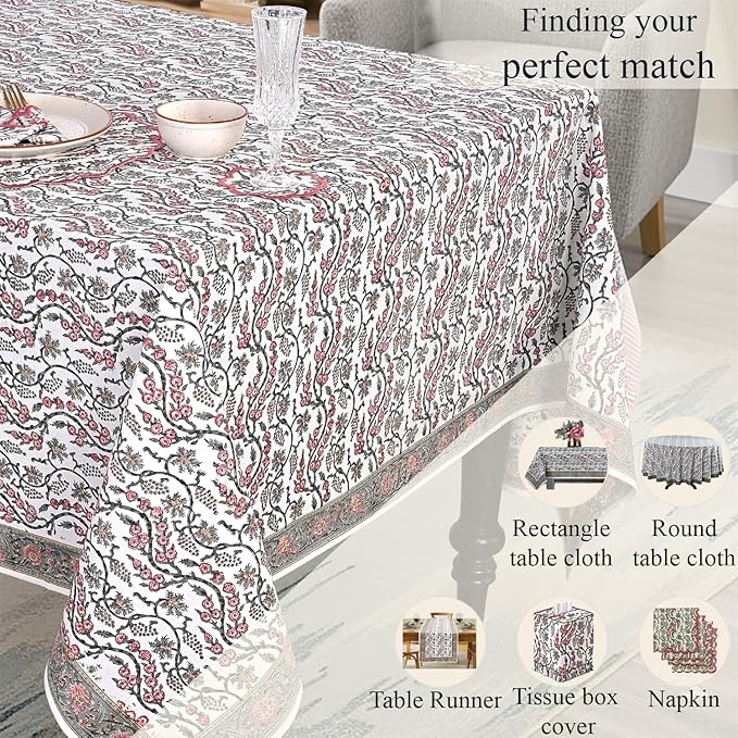 Ridhi Coral Pink Hand Block Print Cotton Rectangle Tablecloth 160" x 72" inches Reusable Table Cover Decorative Everyday Use for Dining, Farmhouse, Home, Party, Festive, Wedding, Fall