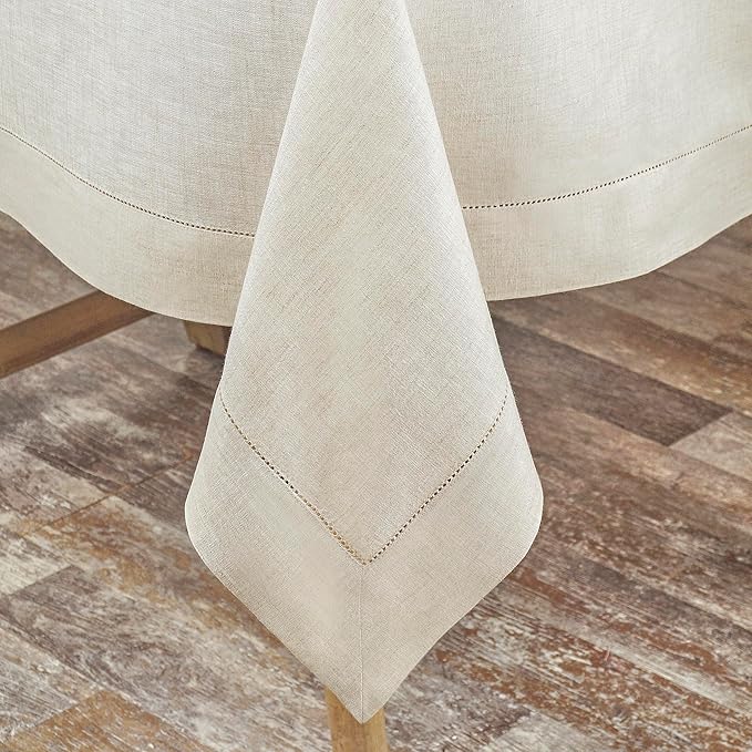 D'Moksha Homes Light Natural Linen Tablecloth 60 x 156 Inch - 100% Pure Linen Natural Tablecloth for Rectangle Tables - Classic Hemstitch, Machine Washable Table Cloth for Holiday, New Year