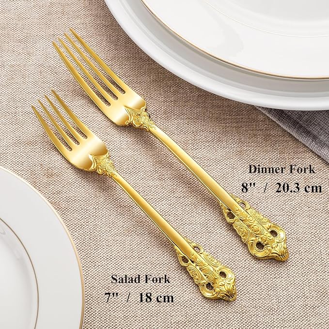 KEAWELL Luxury Dinner Fork, Set of 4, 18/10 Stainless Steel, 8 Inches, Dishwasher Safe, Mirror Polished, Silverware Fork Set (Gold)
