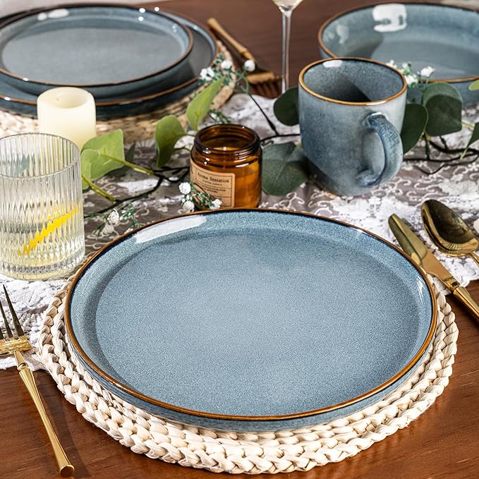 GBHOME 16 Pieces Double Bowls Ceramic Dinnerware Sets for 4, Stoneware Plates and Bowls Set with Reactive Glaze, Scratch Resistant Stoneware Dishes Set, Dishwasher & Microwave Safe