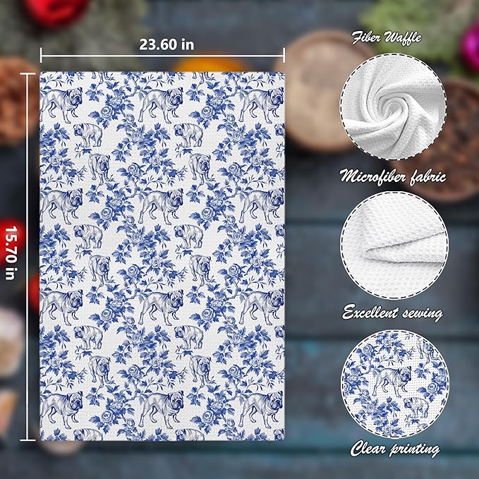 Chinoiserie Pug Kitchen Towels, Blue and White Floral Botanical Grandmillennial Dog Decor Dish Tea Towels, Pug Gifts Hand Towels for Kitchen Bathroom, 16x24 Inch
