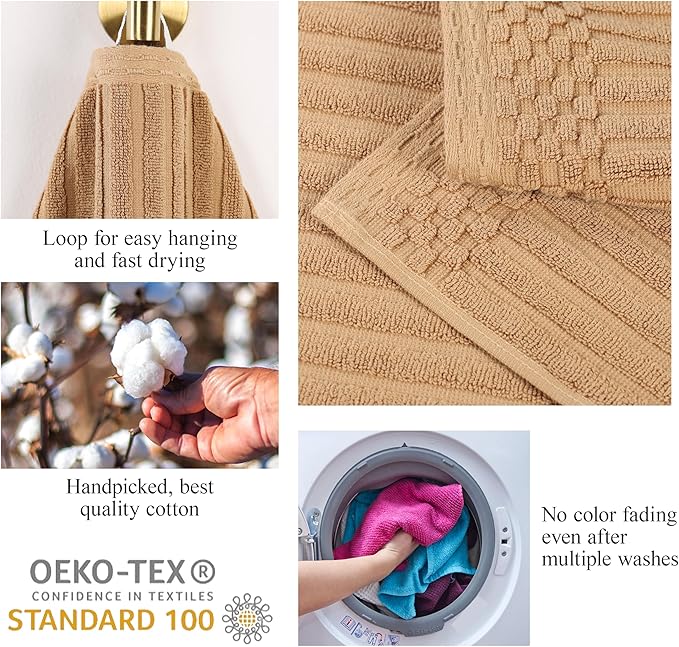 Cotton 8-Piece Solid and Ribbed Towel Set, Face Towels 13” x 13”, Hand Towels 16” x 28”, Bath Towels 27” x 54”, Coffee by Superior