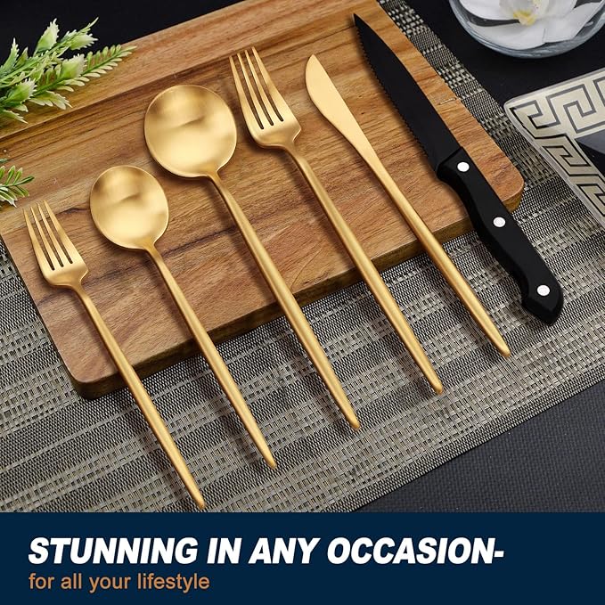 EUIRIO 48-Piece Matte Gold Silverware Set with Steak Knives, Gold Flatware Set for 8, Stainless Steel Forks and Spoons Silverware Sets, Gold Cutlery Utensils Set, Satin Finish & Dishwasher Safe