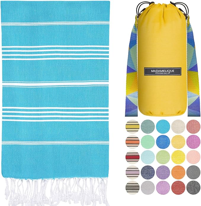 Madamelique Beach Towel with Beach Bag - 39 x 74 - Prewashed Beach Towels Oversized -%100Cotton - Quick Dry - Sand Free - Hand Loomed Turkish Bath Towels - Unique Turkish Towel (Turquoise)