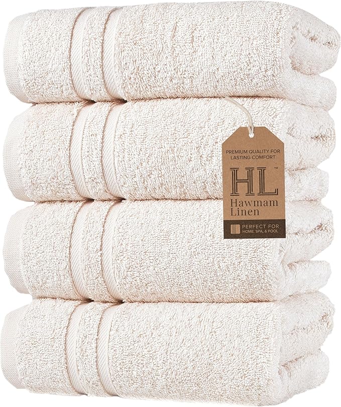 Hawmam Linen Sea Salt Cream Hand Towels 4 Pack Turkish Cotton Premium Quality Soft and Absorbent Small Towels for Bathroom