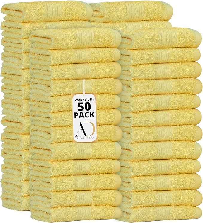 Ample Decor Wash Cloths Pack of 50 12 X 12 Inch 100% Cotton 600 GSM, Soft Absorbent, Face Towels, Reusable Fingertip Towels for Bathroom, Hotel, Gym, Spa - Yellow