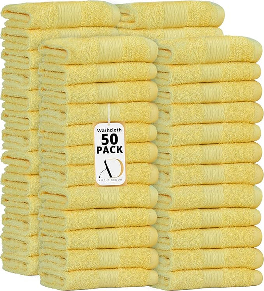 Ample Decor Wash Cloths Pack of 50 12 X 12 Inch 100% Cotton 600 GSM, Soft Absorbent, Face Towels, Reusable Fingertip Towels for Bathroom, Hotel, Gym, Spa - Yellow