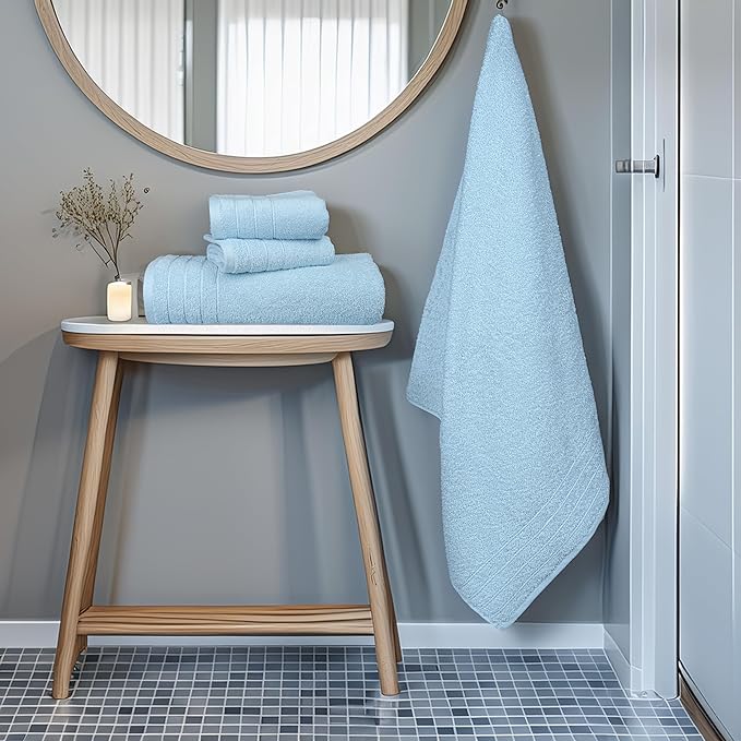 Tens Towels Pack of 8 Towels Set, 2 Extra Large Bath, 2 Hand, 4 Washcloths, 100% Cotton, Lighter Weight, Quicker to Dry, Super Absorbent, Perfect for Bathroom, Sky Blue