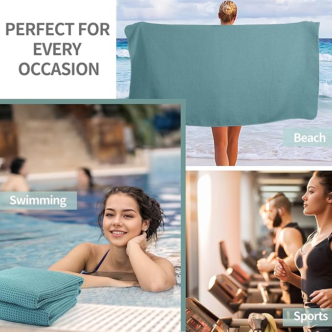 New Microfiber Waffle Bath Towels, 2 Pieces, Oversized, Soft, Absorbent, Fast Drying, Lint Free (Green)