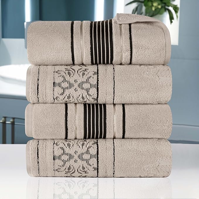 Superior Cotton Bath Towel Set, Large Plush Absorbent Body Towels, Luxury Soft Quick Drying, Shower, Spa, Hotel, Pool, Guest Bathroom, Home Essentials, Zero Twist, Assorted Floral Set of 4, Stone