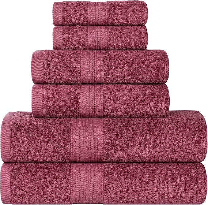 Superior Eco-Friendly Cotton 6-Piece Towel Set, Bathroom, Shower, Spa, Large and Small Assorted Towels for Home, Apartment, Dorm, 2 Bath, 2 Hand, 2 Face/Washcloth, Soft, Highly Absorbent, Rosewood