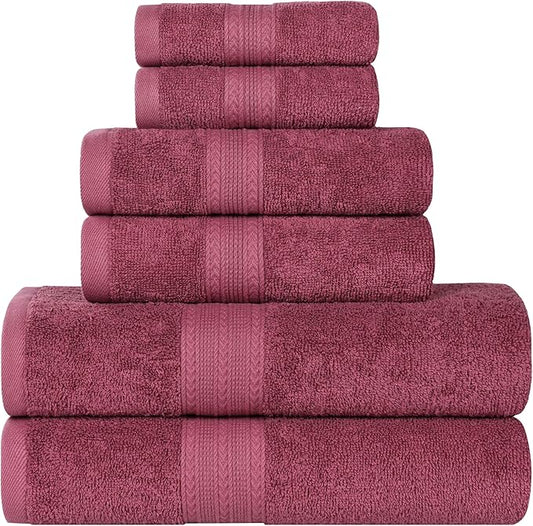 Superior Eco-Friendly Cotton 6-Piece Towel Set, Bathroom, Shower, Spa, Large and Small Assorted Towels for Home, Apartment, Dorm, 2 Bath, 2 Hand, 2 Face/Washcloth, Soft, Highly Absorbent, Rosewood