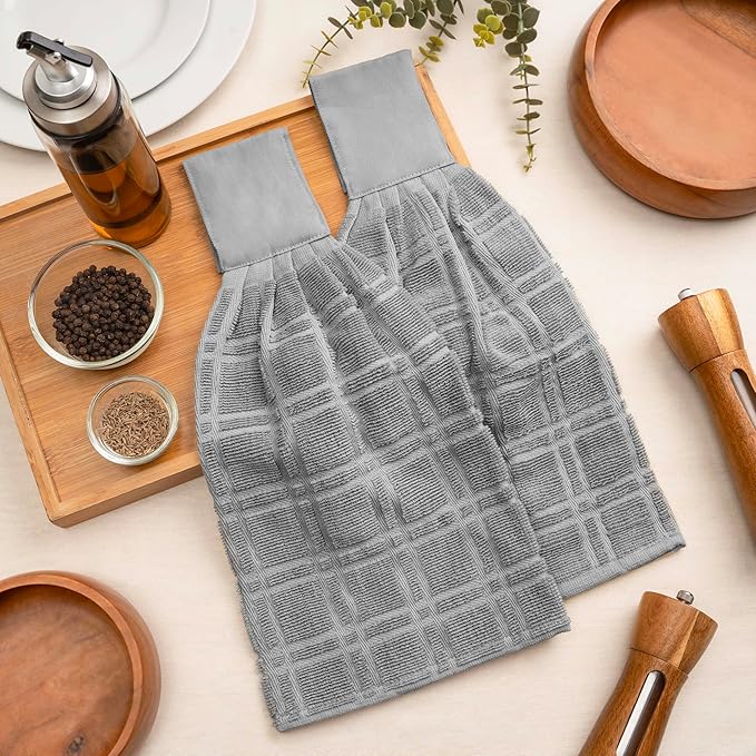Blue Needles Hanging Kitchen Towels - Grey 100% Cotton Solid Kitchen Tie Towel, Set of 2 Hand Dish Cloth with Hanging Loops 9 x 17 Inches, Absorbent, Super Soft, and Fast Drying Home Essential