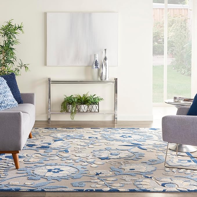 Nourison Aloha Indoor/Outdoor Blue/Grey 7' x 10' Area Rug, Easy Clean, Non Shedding, Bed Room, Living Room, Dining Room, Backyard, Deck, Patio (7x10)