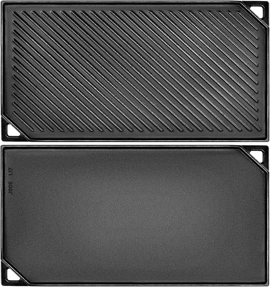 GGC Reversible Cast Iron Griddle, Double-sided Griddle Pan for Stove Tops, Gas Grills and Outdoor Cooking, 16.5 x 9.5 Baking Flat and Ribbed Griddle Plate