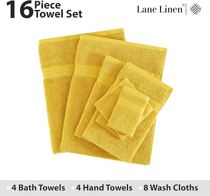 LANE LINEN 100% Mercerized Cotton Bathroom Towel Set - 16 Pieces - Fluffy, Super Soft & Highly Absorbent - 4 Bath Towels, 8 Washcloths, 4 Hand Towels - Ring Spun, Double Sided Cotton Terry - Mimosa
