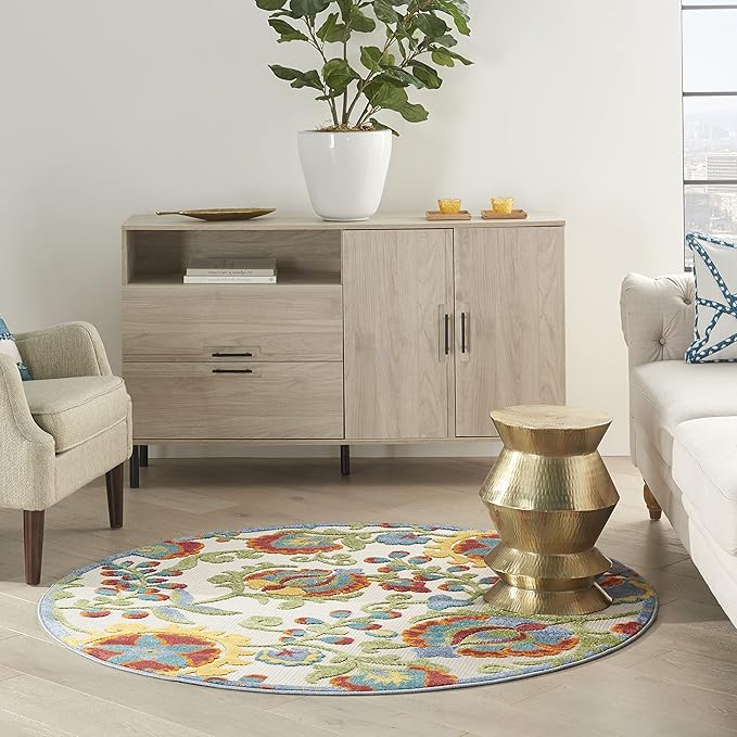 Nourison Home Aloha Ivory Multicolor 5'3" x Round Area Rug - Easy Clean, Non Shedding, Bed Room, Living Room, Dining Room, Kitchen (5' x Round)