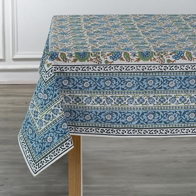 Ridhi Asparagus Green Hand Block Print Cotton Rectangle Tablecloth 140" x 72" inches Reusable Table Cover Decorative Everyday Use for Dining, Farmhouse, Home, Party, Festive, Wedding, Fall