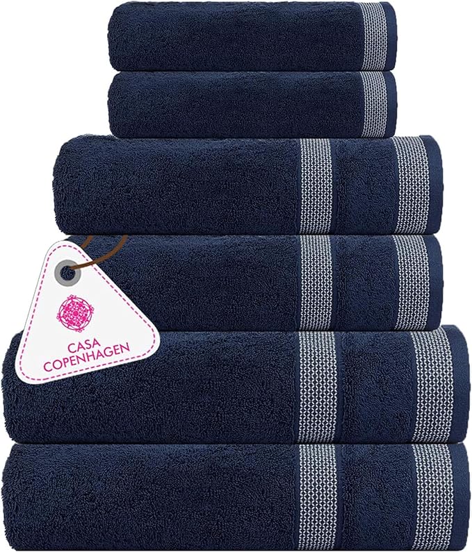 CASA COPENHAGEN Solitaire 6 Pieces Towel Set- Dark Navy, 600 GSM 2 Bath Towel 2 Hand Towel 2 Washcloth, Designed in Denmark Made of Soft Egyptian Cotton for Bathroom, Kitchen & Shower