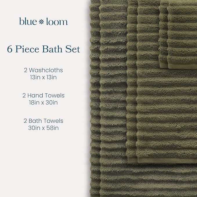 Blue Loom Ribbed Bath Towels Set, 100% Cotton 600GSM, Soft Absorbent Durable 2 Bath Towels, 2 Hand Towels, 2 Wash Cloths for Bathroom - Mason (58" x 30" inch Towels) (Moss, 6 Piece)