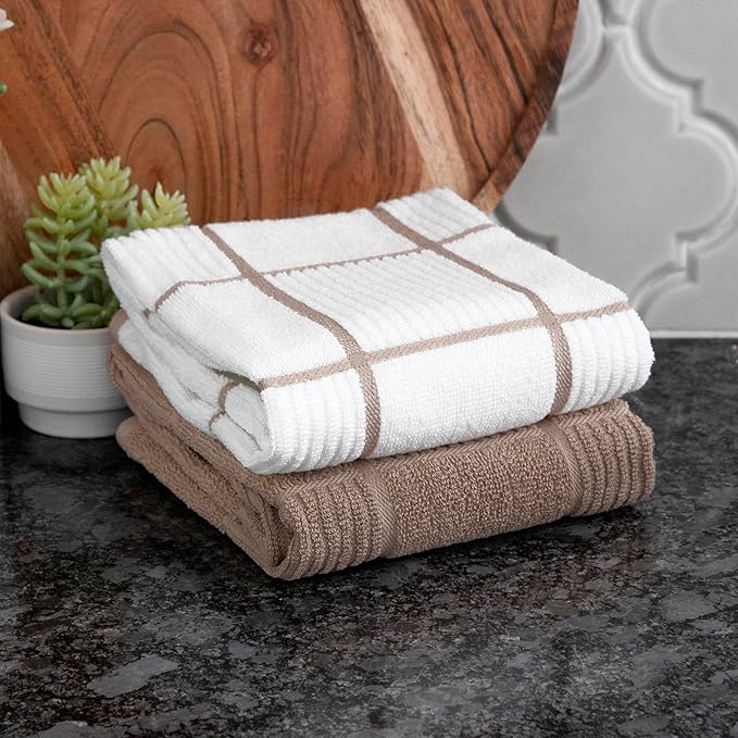 T-fal Solid & Checked Parquet Kitchen Towels: Highly Absorbent, Super Soft Long Lasting - 100% Cotton, 16"x26" Dish Towels for Cleaning & Drying Dishes, Pans, Glassware, or Countertops, (2-Pack), Sand