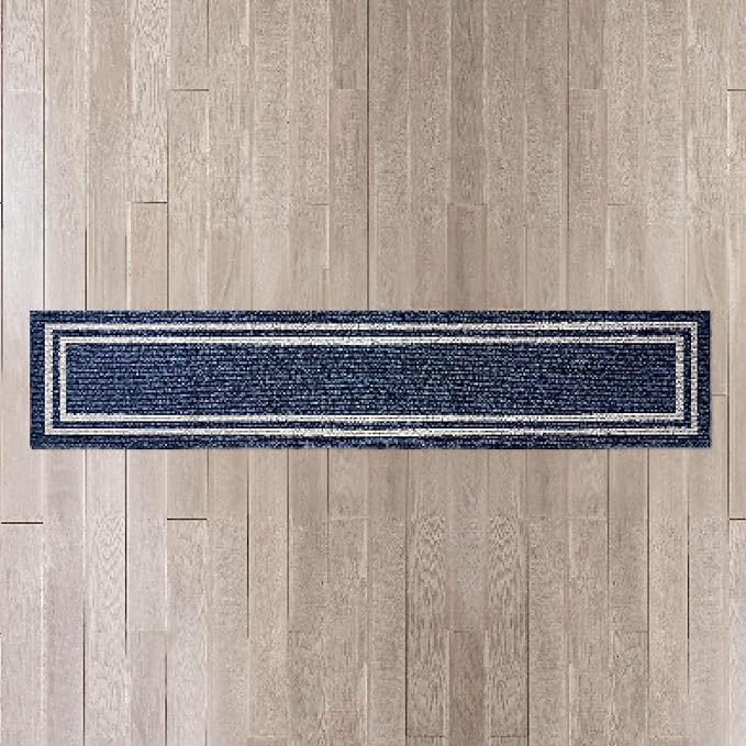Nautica – Runner Rug | Indoor Runners for Hallways and Entry Rugs| Non-Slip and Non-Skid Entry and Kitchen Door Mat| Machine Washable Entryway Carpet Rugs | 2'6" x 12' | Double Border Denim