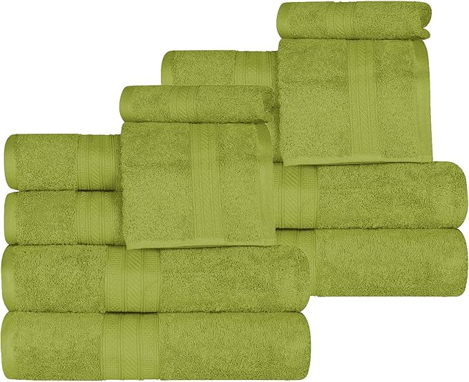 Superior Atlas Cotton 12 Piece Towel Set, Luxury Towels, Heavyweight, Bathroom Essentials, Basics, Spa, Hotel, Resort, Plush, Highly Absorbent, 4 Bath, 4 Hand, 4 Face Towels, 12PC Set, Green Essence