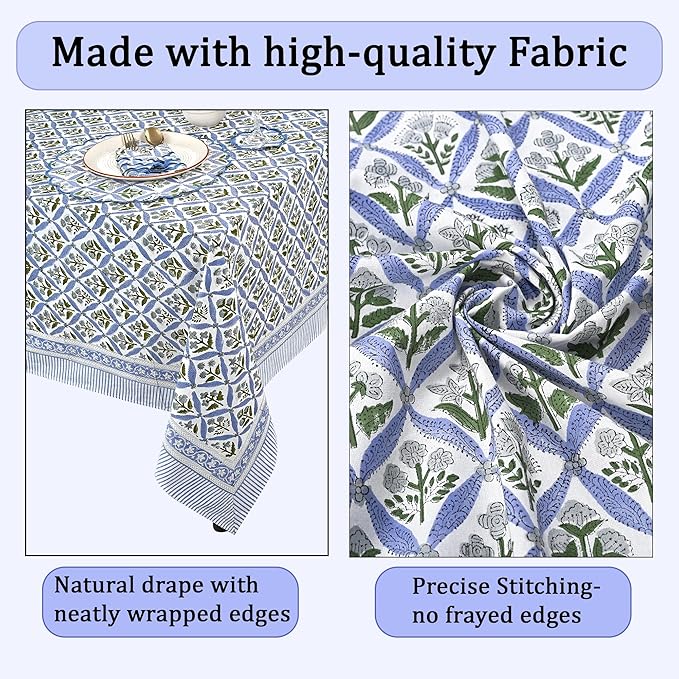 Ridhi Light Steel Blue Hand Block Print Cotton Rectangle Tablecloth 140" x 72" inches Reusable Table Cover Decorative Everyday Use for Dining, Farmhouse, Home, Party, Festive, Wedding, Fall