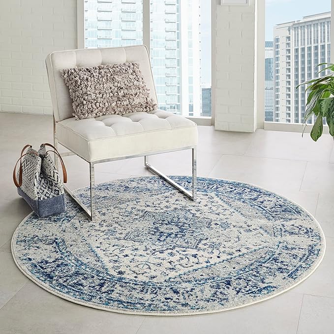 Nourison Home Tranquil Ivory/Light Blue 7’10” x Round Area Rug - Easy Clean, Non Shedding, Bed Room, Living Room, Dining Room, Kitchen (8' x Round)