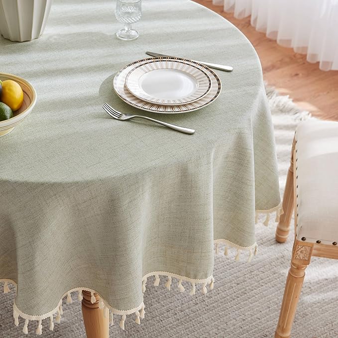 Linen Tablecloth with Tassels, Farmhouse Style Green Tablecloth, Water Resistant Burlap Tablecloths for Round Table, 60 Inch Round Green