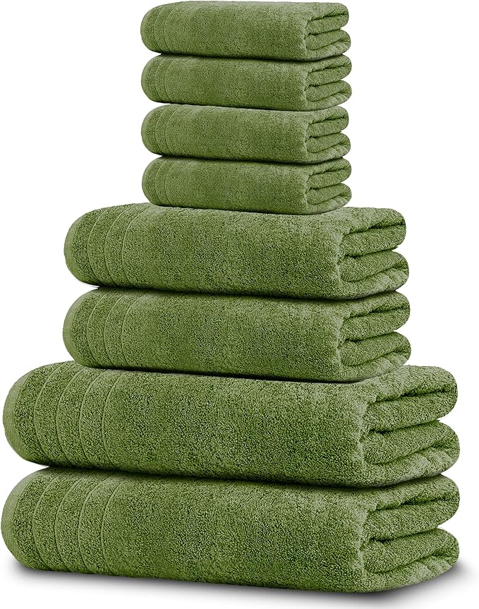 Tens Towels Pack of 8 Towels Set, 2 Extra Large Bath, 2 Hand, 4 Washcloths, 100% Cotton, Lighter Weight, Quicker to Dry, Super Absorbent, Perfect for Bathroom, Green