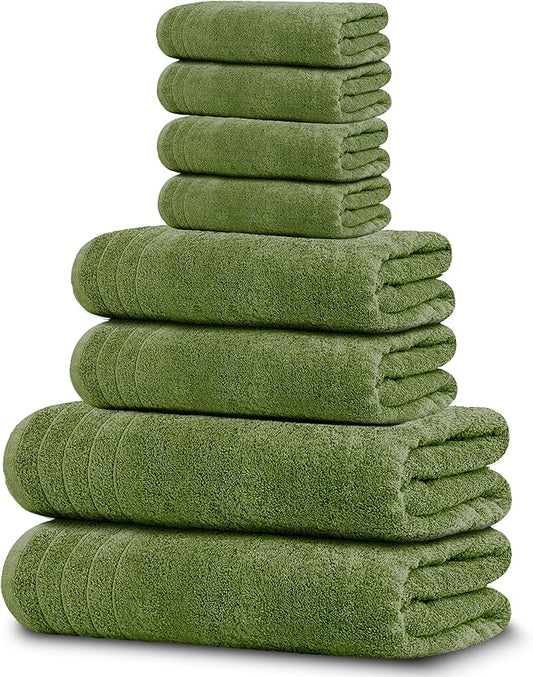 Tens Towels Pack of 8 Towels Set, 2 Extra Large Bath, 2 Hand, 4 Washcloths, 100% Cotton, Lighter Weight, Quicker to Dry, Super Absorbent, Perfect for Bathroom, Green