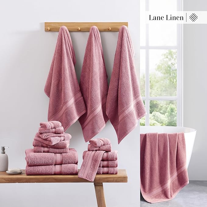 LANE LINEN Premium Bath Towel Set of 18 – 100% Cotton, 6 Bath, 6 Hand Towels & 6 Washcloths, Zero Twist, Ultra Soft & Durable, Quick-Dry, Ideal for Spa, Hotel & Everyday Use – Wishful Mauve