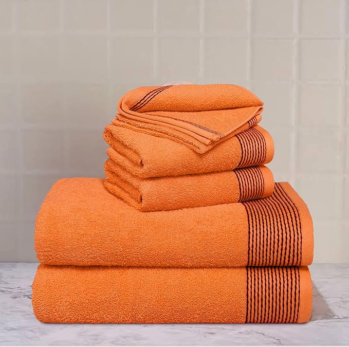 Belizzi Home 100% Cotton Ultra Soft 6 Pack Towel Set, Contains 2 Bath Towels 28x55 inchs, 2 Hand Towels 16x24 inchs & 2 Washcloths 12x12 inchs, Compact Lightweight & Highly Absorbant - Orange