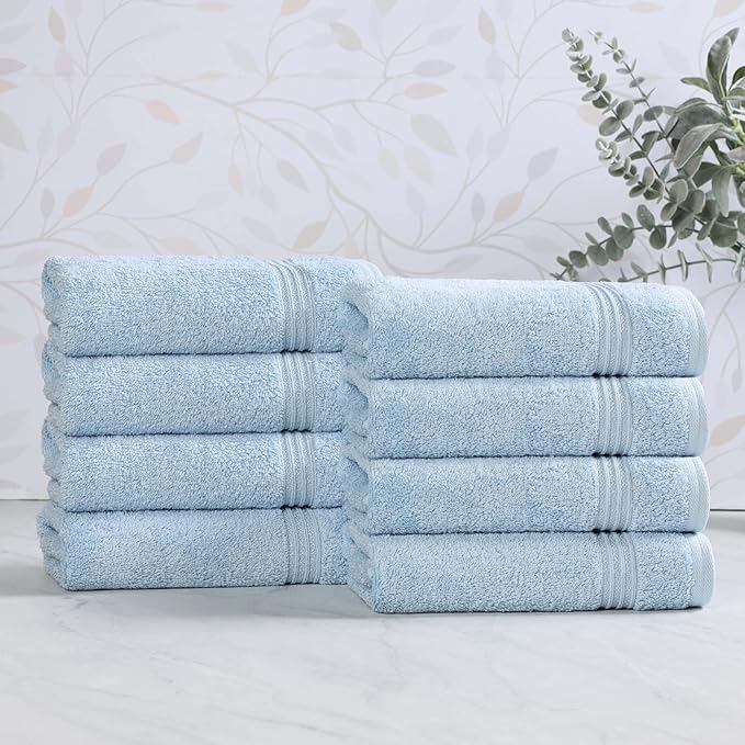 Superior Egyptian Cotton 8-Piece Hand Towel Set, Towel Basics For Quick Dry, Absorbent Small Towels, Facial, Spa, Kitchen, Bathroom Essentials, Apartment, Guest Bath, Soft, Washcloth, Light Blue