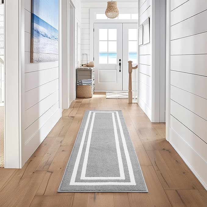 Nautica – Runner Rug | Indoor Runners for Hallways and Entry Rugs| Non-Slip and Non-Skid Entry and Kitchen Door Mat| Machine Washable Entryway Carpet Rugs |26” x 96” |Double Line Light Grey