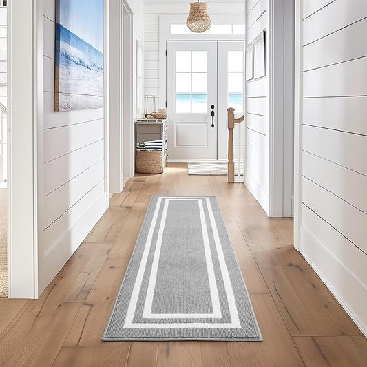 Nautica – Runner Rug | Indoor Runners for Hallways and Entry Rugs| Non-Slip and Non-Skid Entry and Kitchen Door Mat| Machine Washable Entryway Carpet Rugs |26” x 96” |Double Line Light Grey