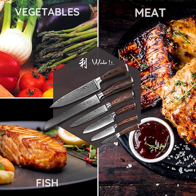 Wakoli EDIB 6-Piece Damascus Knife Set – Professional Chef Knives Set with VG10 Core Blades, 67-Layer Damascus Steel and Ergonomic Pakkawood Handles – Premium Kitchen Knives in Elegant Gift Box