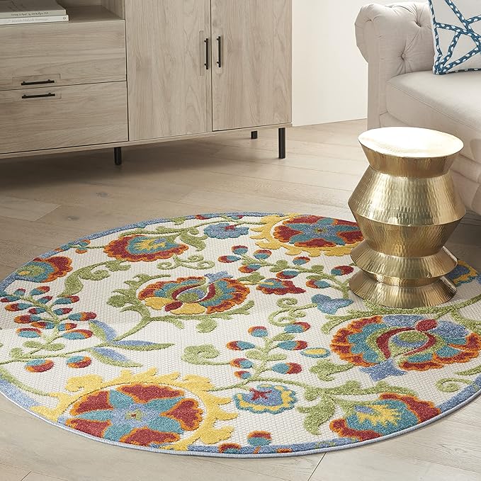 Nourison Home Aloha Ivory Multicolor 5'3" x Round Area Rug - Easy Clean, Non Shedding, Bed Room, Living Room, Dining Room, Kitchen (5' x Round)
