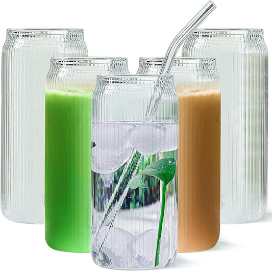 Set of 6 Ribbed Can Shaped Glass Cups with Glass Straws - 16oz Can Glass Drinking Glasses, Iced Coffee & Ice Tea Glasses, Clear Kitchen Tumbler Cup Cocktail Glass for Soda, Kiddush Cups & Sets