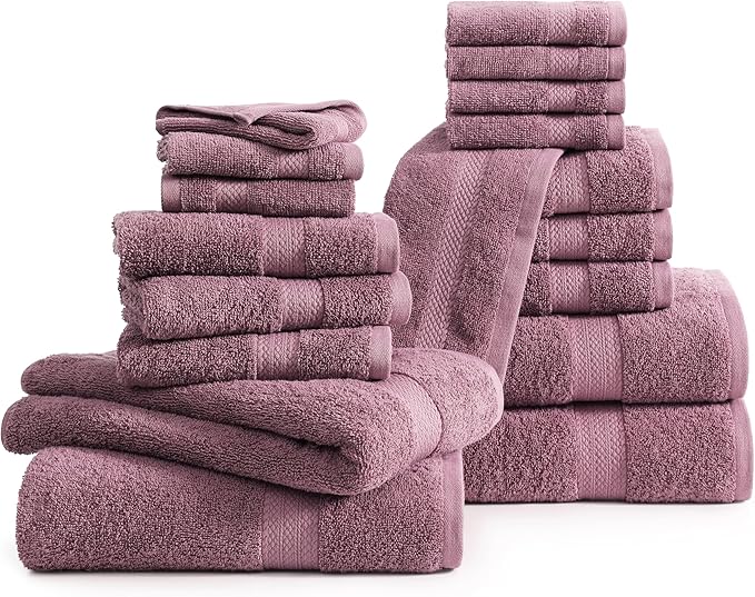 LANE LINEN 100% Ring Spun Cotton Bath Towel Set, 18PCs - 4 Shower Towels, 8 Washcloths, 6 Hand Towels for Bathroom - Sustainably Produced, Ultra Soft & Highly Absorbent - Wistful Mauve