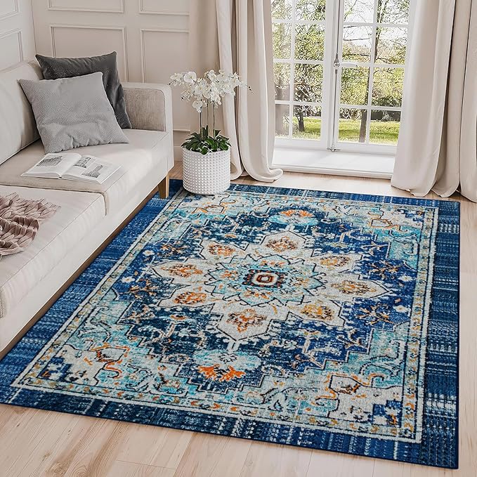Easy-Going Large Area Rug 8x10 Washable Boho Rugs for Living Room Non-Slip Bedroom Rug Low Pile Lightweight Tangerine Vintage Throw Rug for Dining Room Kitchen Home Office Carpet, Floral Aqua Yellow