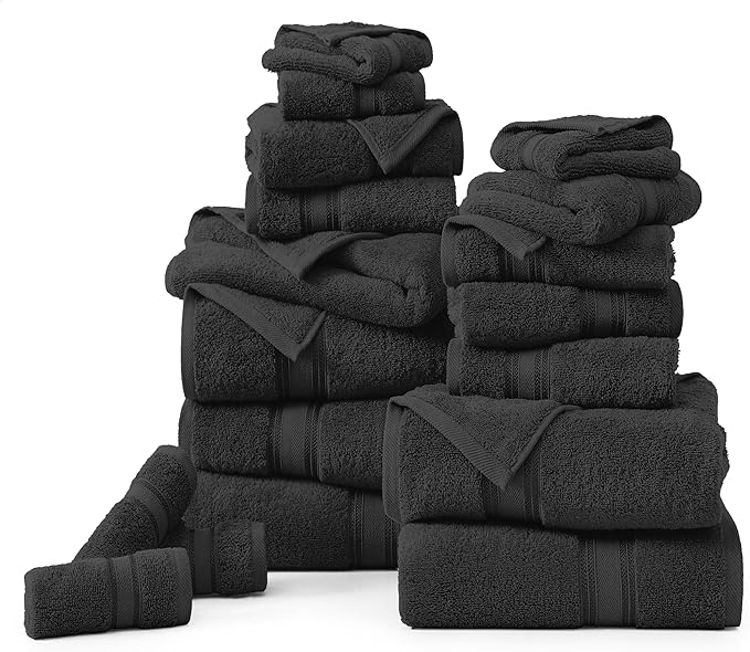 LANE LINEN Luxury Bath Towels Set- 100% Cotton Bathroom Towels, Zero Twist, Quick Dry Shower Towel, Extra Aborbent Super Soft, 6 Bath Towel, 6 Hand Towels, 6 Wash Cloths - Black (18 PC)