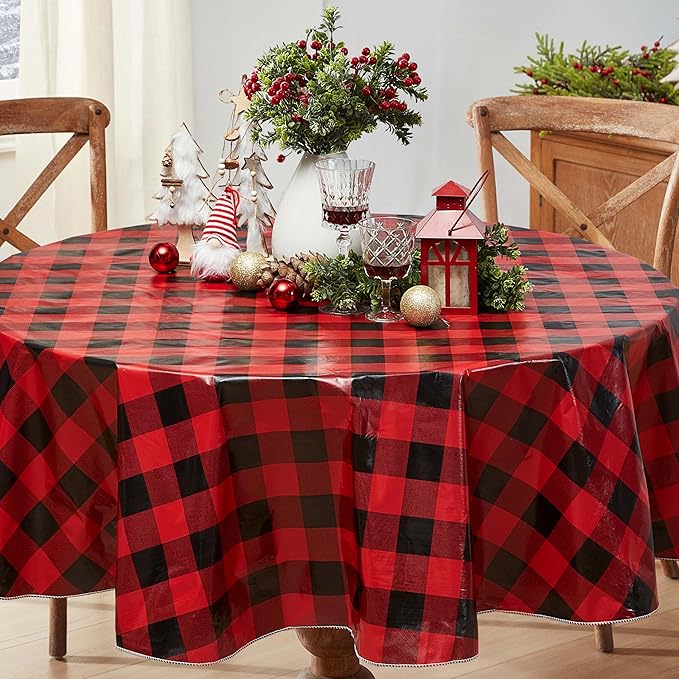 Newbridge Holiday Buffalo Plaid Vinyl Christmas Tablecloth with Flannel Backing, Red & Black Rustic Cottage Check, Wipe Clean, 60 x 84 Inch Oval