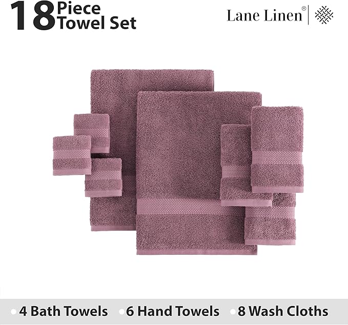 LANE LINEN 100% Ring Spun Cotton Bath Towel Set, 18PCs - 4 Shower Towels, 8 Washcloths, 6 Hand Towels for Bathroom - Sustainably Produced, Ultra Soft & Highly Absorbent - Wistful Mauve