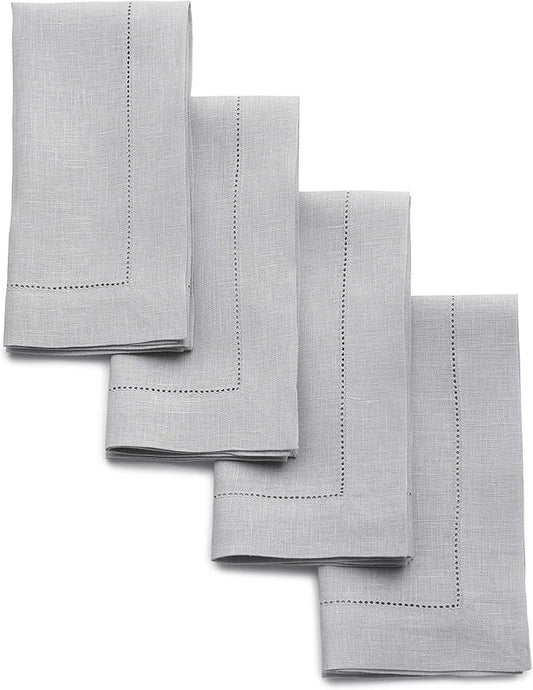 Solino Home Linen Napkins Set of 4 - Classic Hemstitch 100% Pure Linen Soft Grey Dinner Napkins Cloth 20 x 20 Inch for Winter, New Year - Handcrafted and Machine Washable
